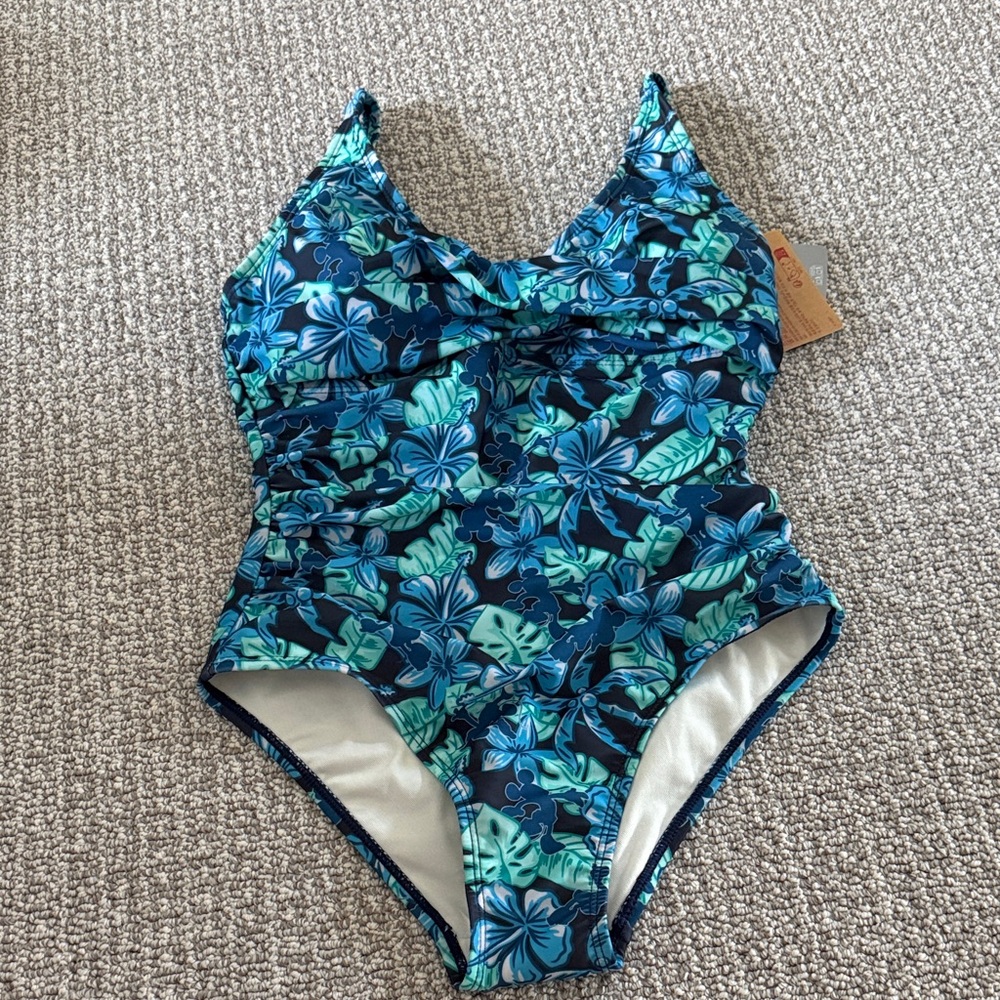 New Disney Mikey Minnie Floral Print Swimsuit Swimwear Blue Green S